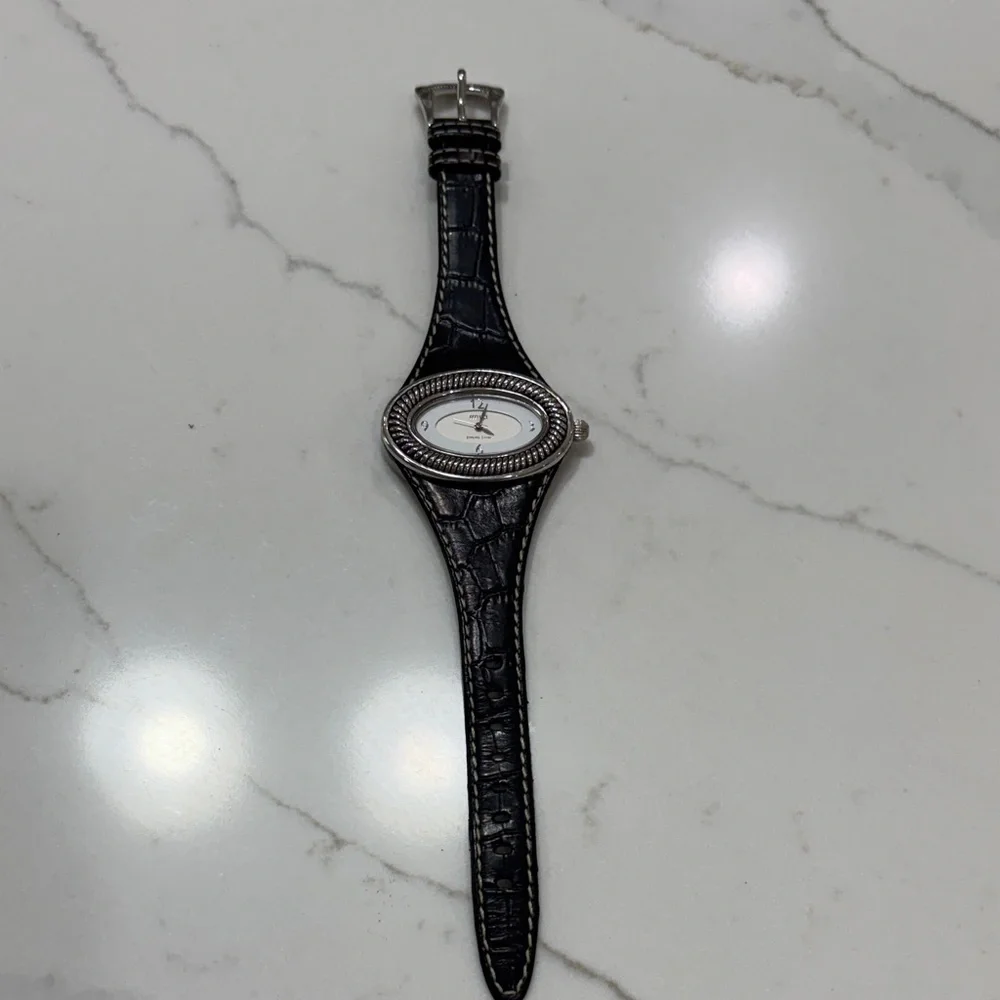 Black Leather Strap Women's Oval Silver-Tone Watch